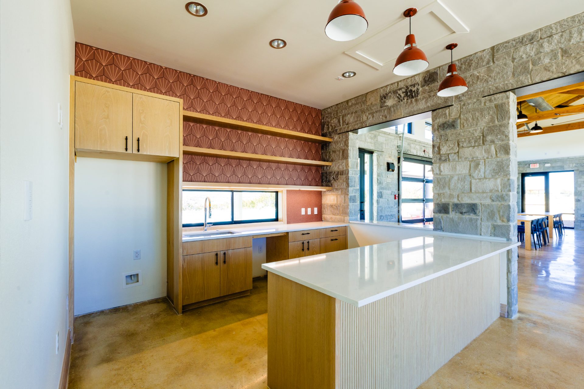 Firefly, interior with stone wall and timber ceiling