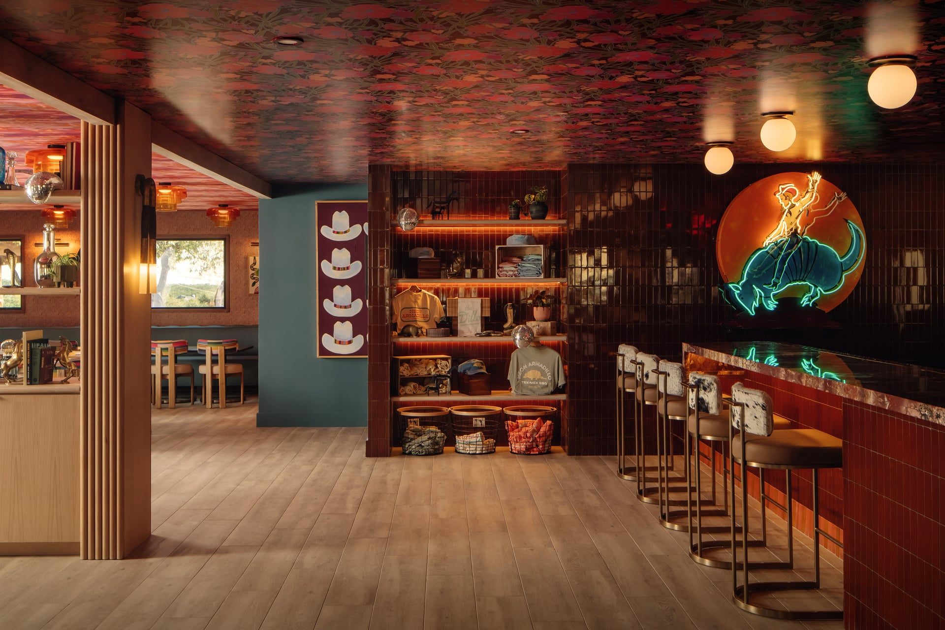 Neon Armadillo, interior bar with neon signage